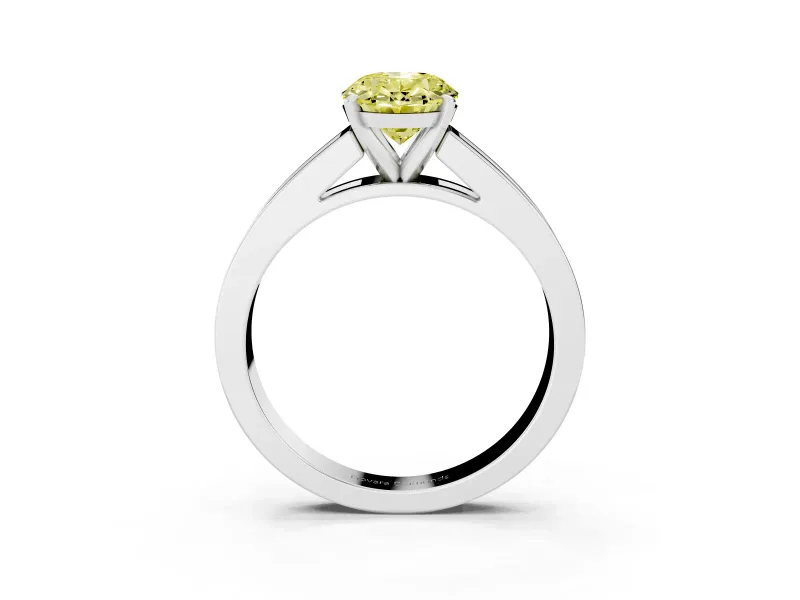 Fancy Yellow Oval Cut Diamond Solitaire Ring Set in Platinum with Channel-Set Band and Prong Setting