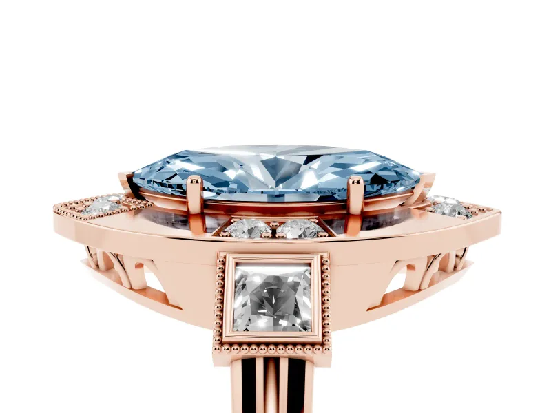 Fancy Blue Marquise Cut Diamond Milgrain Halo Ring Set in Rose gold with Split Shank