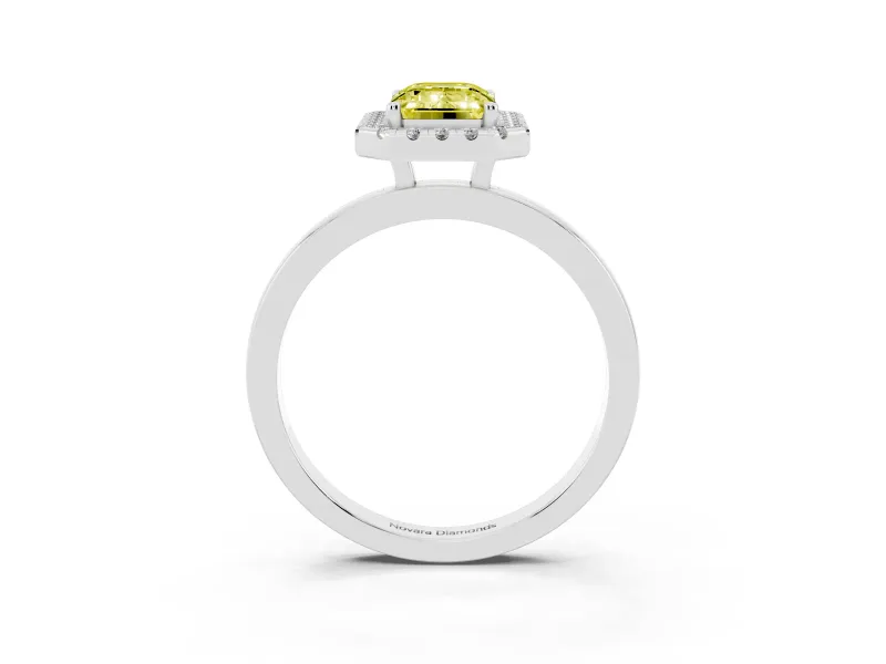 Fancy Yellow Emerald Cut Diamond Halo Solitaire Ring Set in Platinum with Pavé Band and Prong Setting