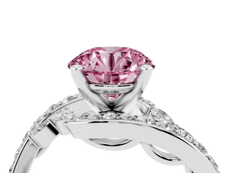 Fancy Pink Round Cut Diamond Solitaire Ring Set in Silver with Pavé Twist Band and Secure Prong Setting