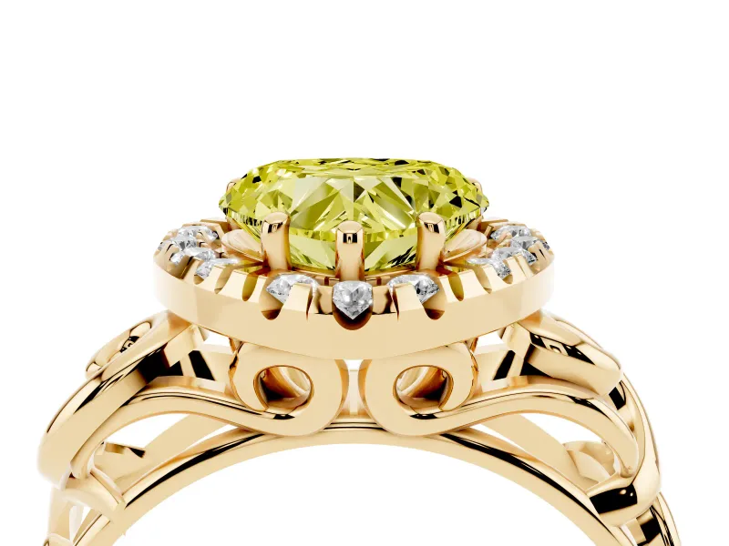 Heart-Shaped Filigree Halo Engagement Ring Setting for a Fancy Yellow Lab-Grown Diamond | Scroll Shoulders | Yellow Gold