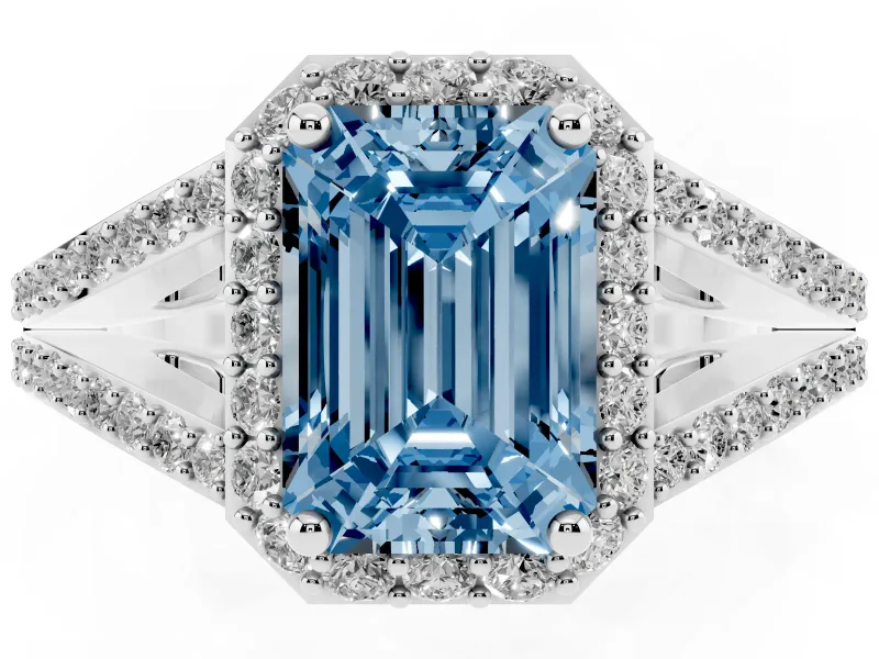 Emerald Cut Halo Engagement Ring Setting for a Fancy Blue Lab-Grown Diamond | V-Split Pavé Band | Sterling Silver