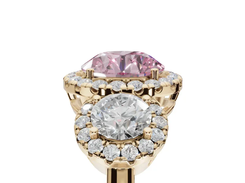 Round Three Stone Halo Engagement Ring Setting for a Fancy Pink Lab-Grown Diamond | Yellow Gold