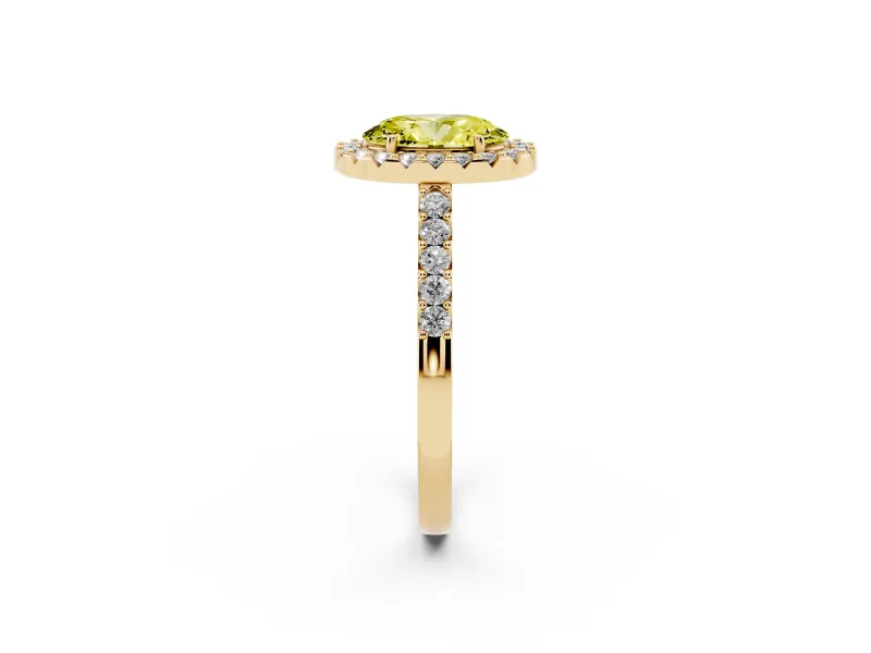 Fancy Yellow Oval Cut Diamond Halo Pavé Solitaire Ring Set in Yellow gold with Prong-Set Center Stone