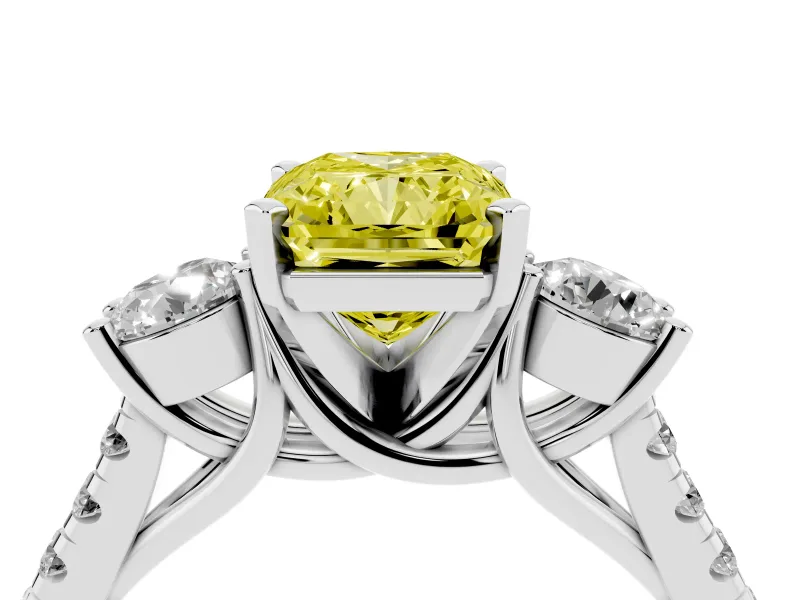 Fancy Yellow Three-Stone Radiant Cut Diamond Pavé Band Ring Set in Platinum with Prong-Set Trio