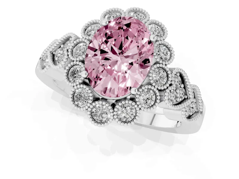 Oval Scalloped Halo Engagement Ring Setting for a Fancy Pink Lab-Grown Diamond | Heart Pavé Band | White Gold