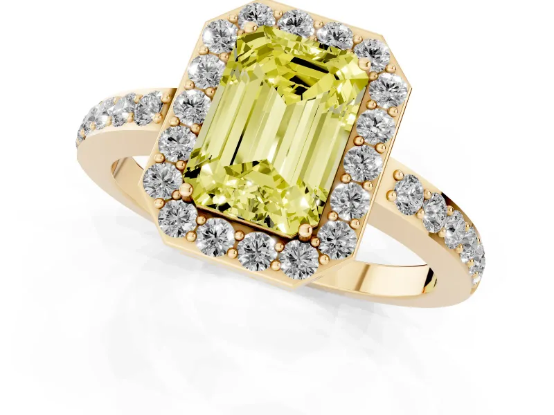 Fancy Yellow Emerald Cut Diamond Halo Ring Set in Yellow gold with Pavé-Setting Band and Open Prong Center