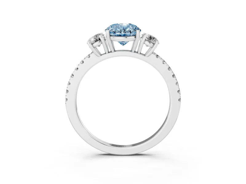 Fancy Blue Oval Cut Diamond Three-Stone Ring Set in Platinum with Pavé Band and Graduated Sides