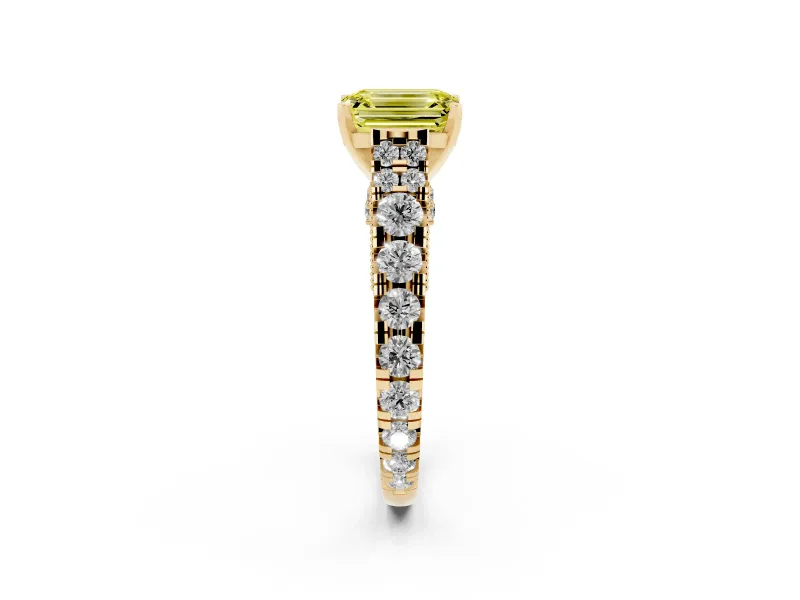 Emerald Cut Graduated Cathedral Engagement Ring Setting for a Fancy Yellow Lab-Grown Diamond | Side Stones | Yellow Gold
