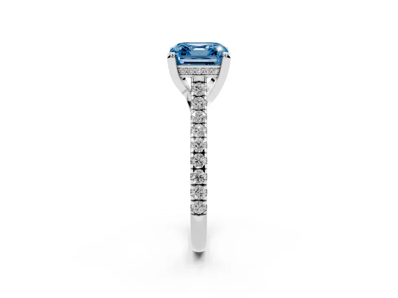 Asscher Cut Hidden Halo Pave Engagement Ring Setting for a Fancy Blue Lab-Grown Diamond | Claw Prongs | Sterling Silver