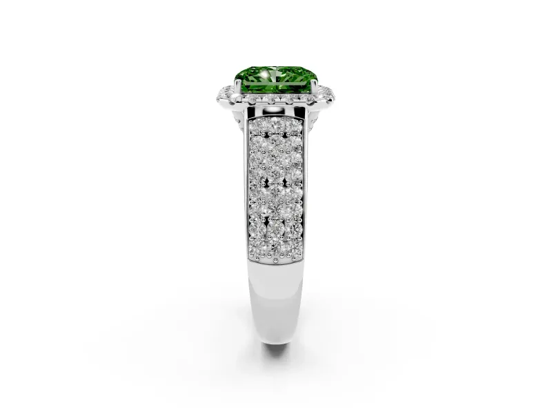 Radiant Cut Pavé Engagement Ring Setting for a Fancy Green Lab-Grown Diamond | Wide Three-Row Band | Platinum