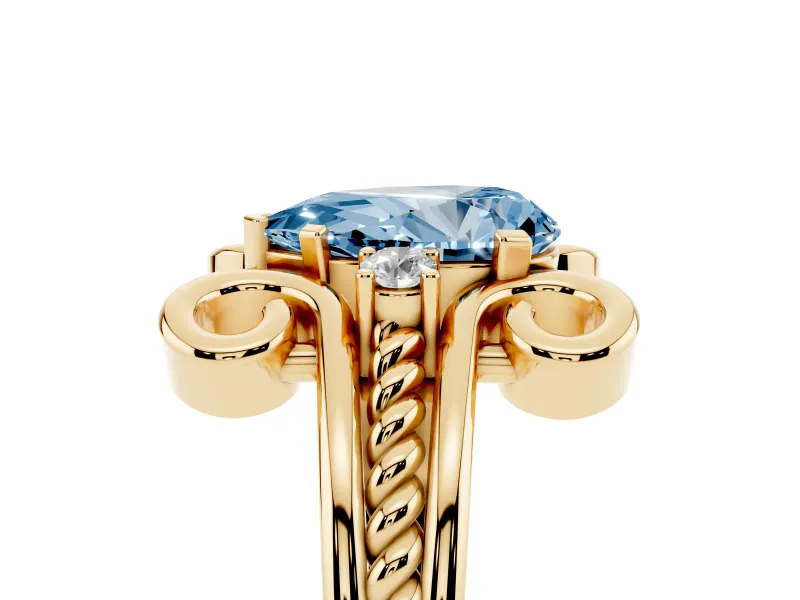 Fancy Blue Pear Cut Diamond Twisted Band Solitaire Ring Set in Yellow gold with Scroll Prongs