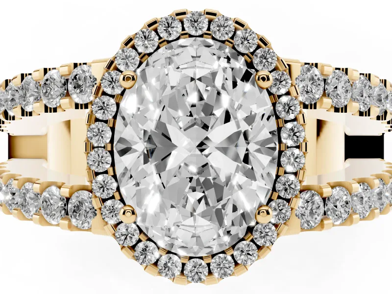Oval Cut Diamond Halo Ring Set in Yellow gold with Pavé Split Shank and Prong Setting