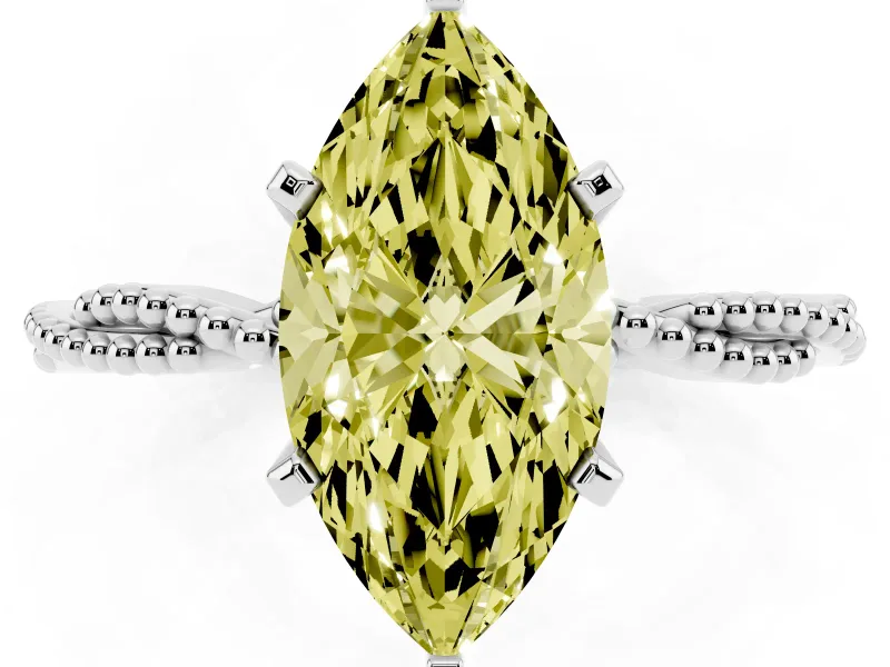 Fancy Yellow Marquise Cut Diamond Solitaire Ring Set in Platinum with Twisted Band and Bead Prong Setting