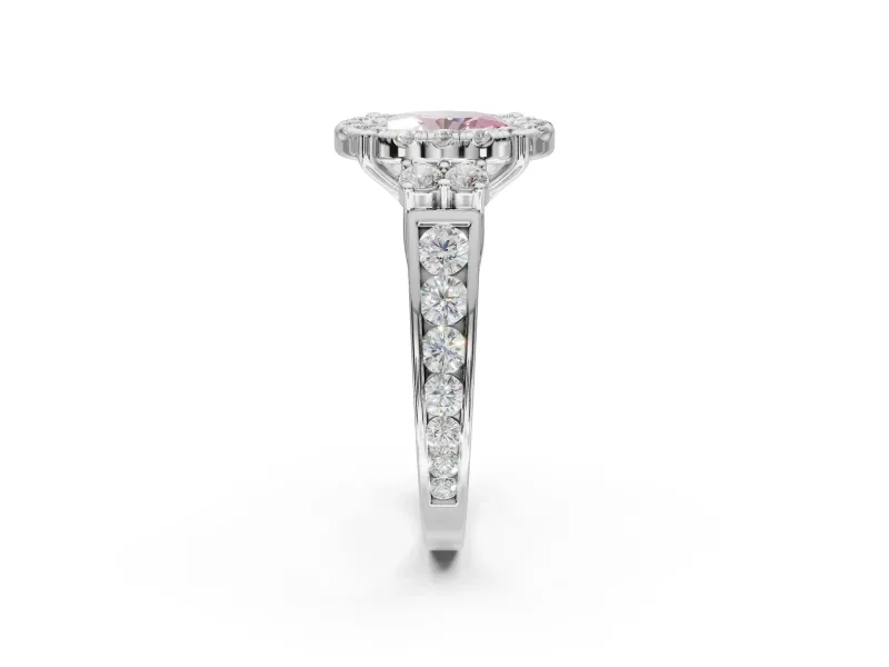 Oval Halo Engagement Ring Setting for a Fancy Pink Lab-Grown Diamond | Graduated Channel Band | Sterling Silver