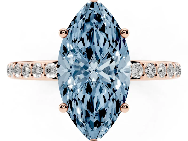 Fancy Blue Marquise Cut Diamond Pavé Band Ring Set in Rose gold with Prong-Set Center Stone