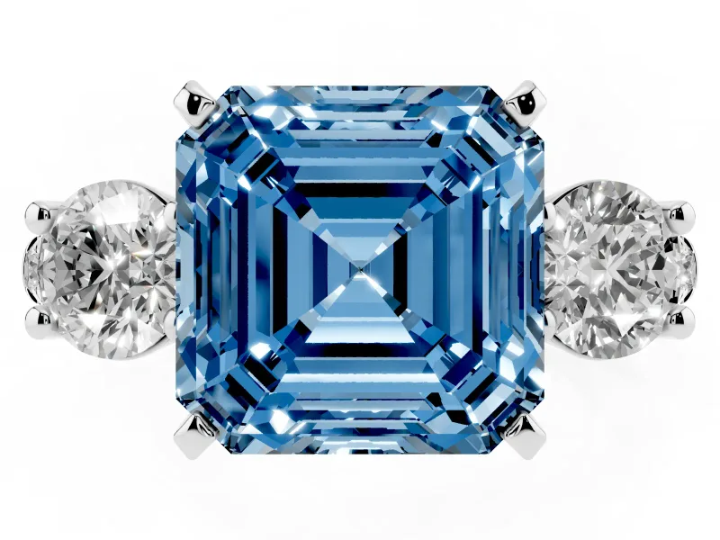 Fancy Blue Three-Stone Asscher Cut Diamond Pavé Band Ring Set in Platinum with Prong-Set Trio