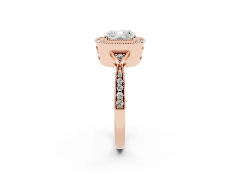 Cushion Cut Vintage Milgrain Halo Engagement Ring Setting | Graduated Pavé Band | Rose Gold