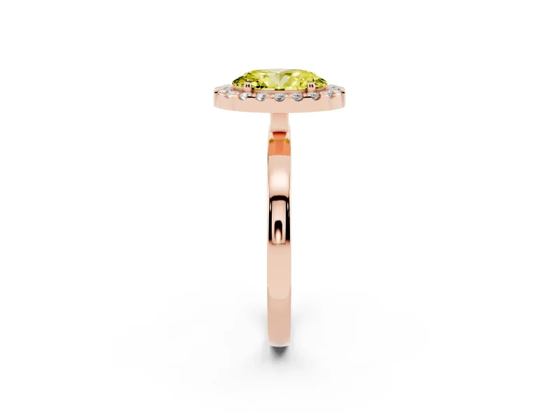 Fancy Yellow Oval Cut Diamond Halo Solitaire Ring Set in Rose gold with Pavé Band and Prong Setting