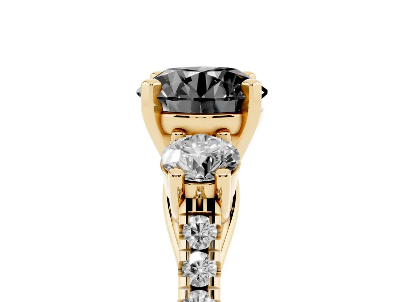 Round Three-Stone Pavé Engagement Ring Setting for a Black Center | Round Side Stones | Yellow Gold