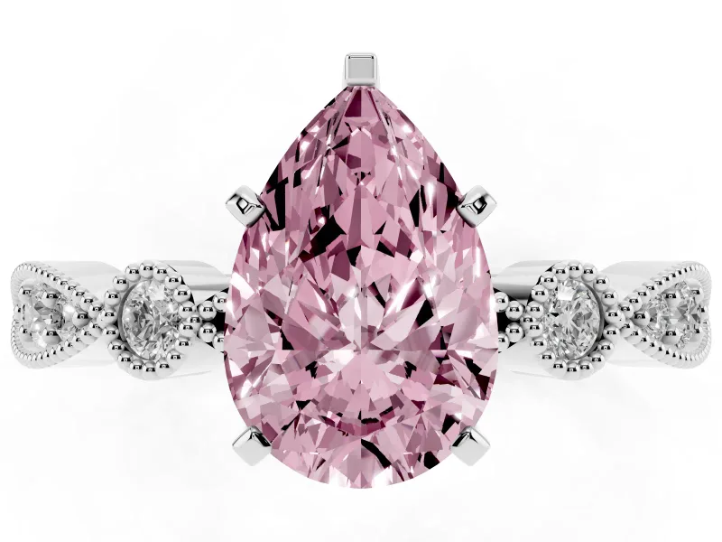 Fancy Pink Pear Cut Diamond Solitaire Engagement Ring Set in Platinum with Milgrain Bezel Accent Band
