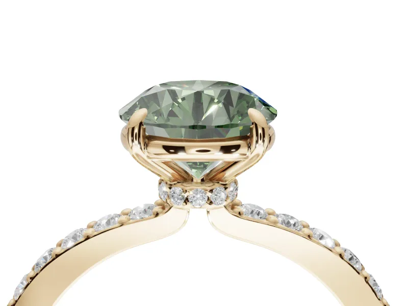 Round Hidden Halo Engagement Ring Setting for a Fancy Green Lab-Grown Diamond | Pavé Band | Yellow Gold