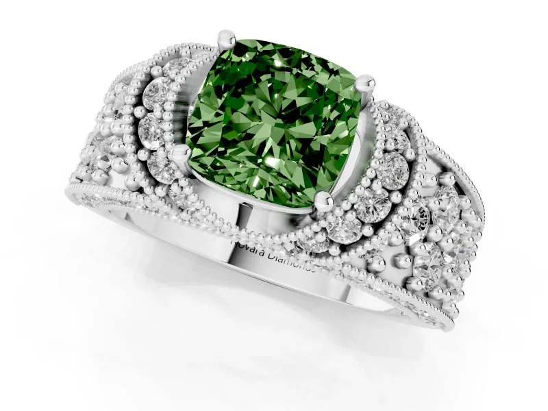 Fancy Green Cushion Cut Diamond Milgrain Halo Pavé Engagement Ring Set in White gold with Prong Setting