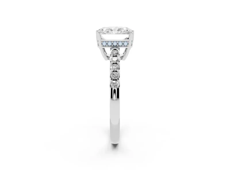 Radiant Cut Hidden Halo Solitaire Engagement Ring Setting | Shared Prong Band | Sterling Silver