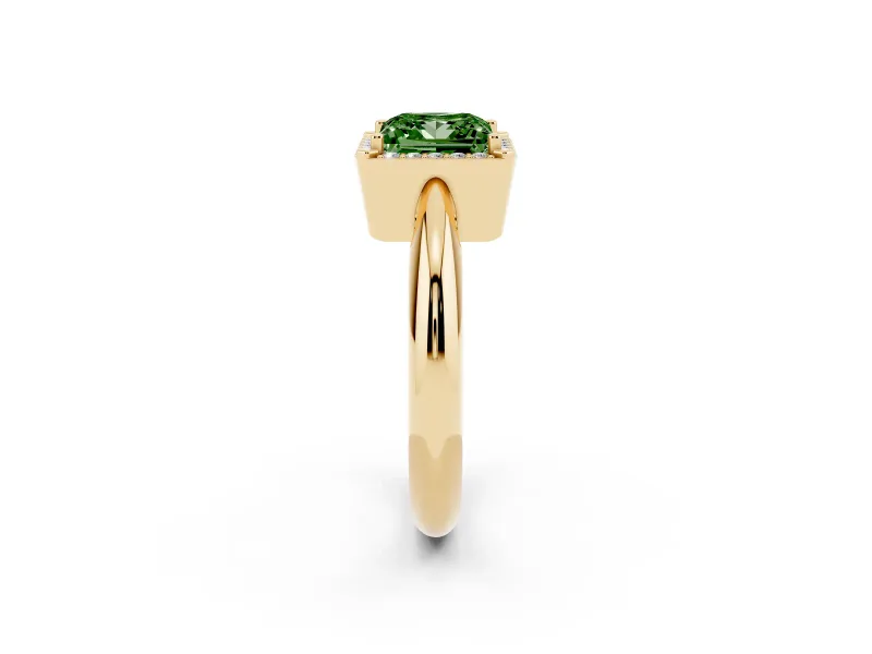 Fancy Green Princess Cut Diamond Halo Engagement Ring Set in Yellow gold with Plain Split Shank and Prong Setting
