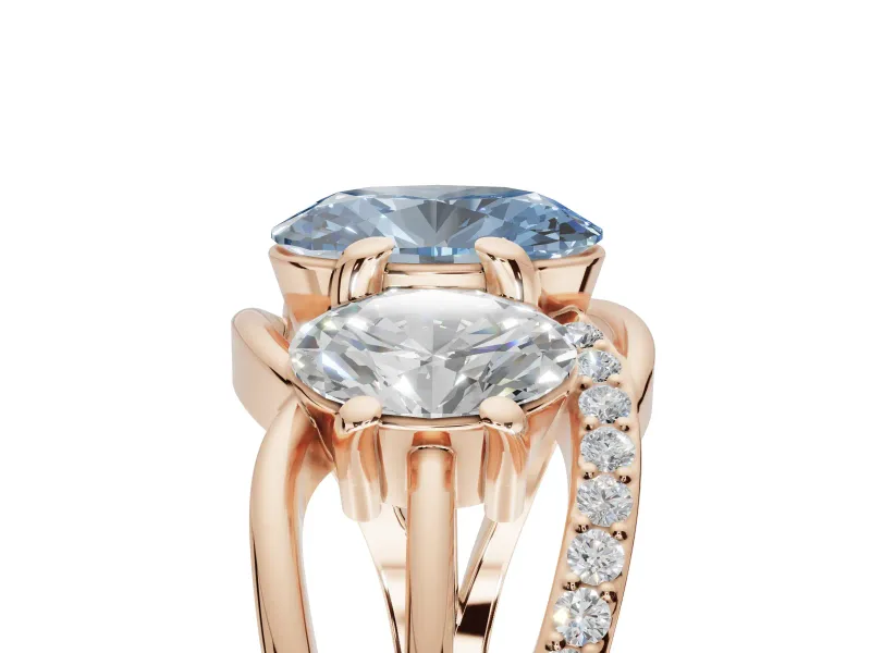 Oval Three Stone Split Shank Engagement Ring Setting for a Fancy Blue Lab-Grown Diamond | Matching Sides | Rose Gold