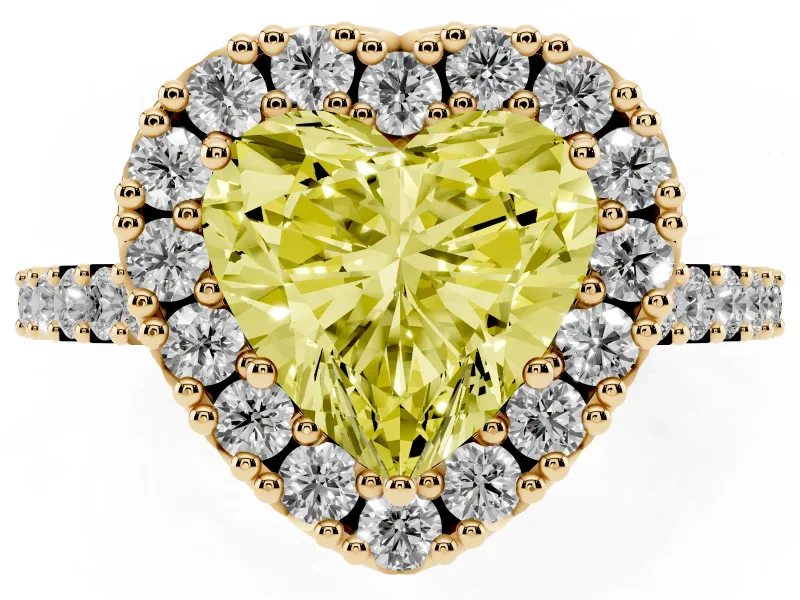 Fancy Yellow Heart Cut Diamond Halo Pavé Solitaire Ring Set in Yellow gold with Prong-Set Center Stone