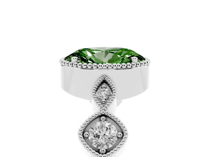 Fancy Green Oval Cut Diamond Vintage-Inspired Milgrain Ring Set in White gold with Marquise Stations of Round Accents