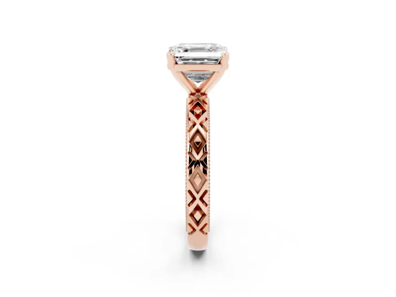 Asscher Cut Diamond Solitaire Ring Set in Rose gold with Milgrain and Black Enamel X Pattern Band