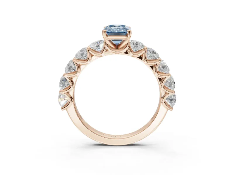 Emerald Cut Side Stone Engagement Ring Setting for a Fancy Blue Lab-Grown Diamond | Scalloped Prong Accents | Rose Gold