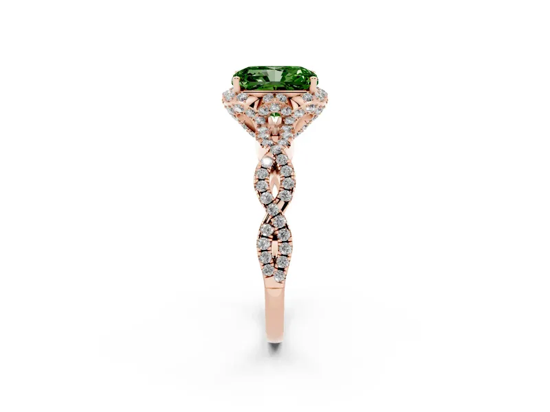 Radiant Cut Milgrain Halo Engagement Ring Setting for a Fancy Green Lab-Grown Diamond | Graduated Shoulders | Rose Gold