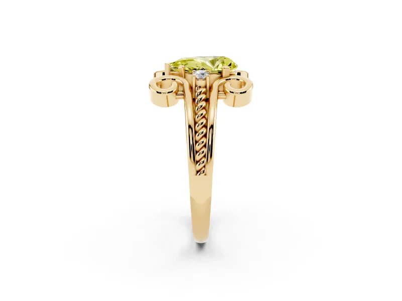 Fancy Yellow Pear Cut Diamond Twisted Band Solitaire Ring Set in Yellow gold with Scroll Prongs