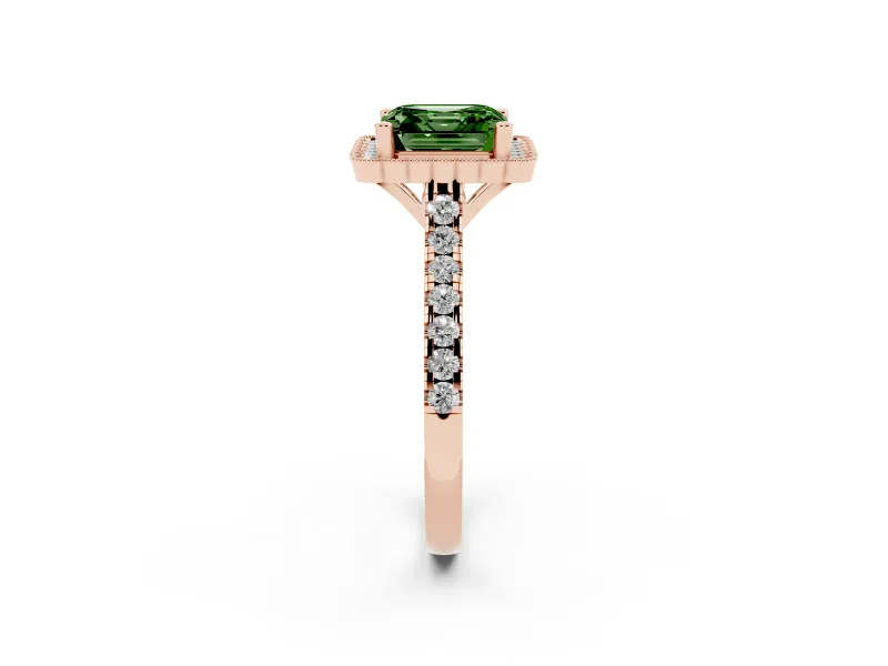Fancy Green Asscher Cut Diamond Milgrain Floral Halo Engagement Ring Set in Rose gold with Pavé Band