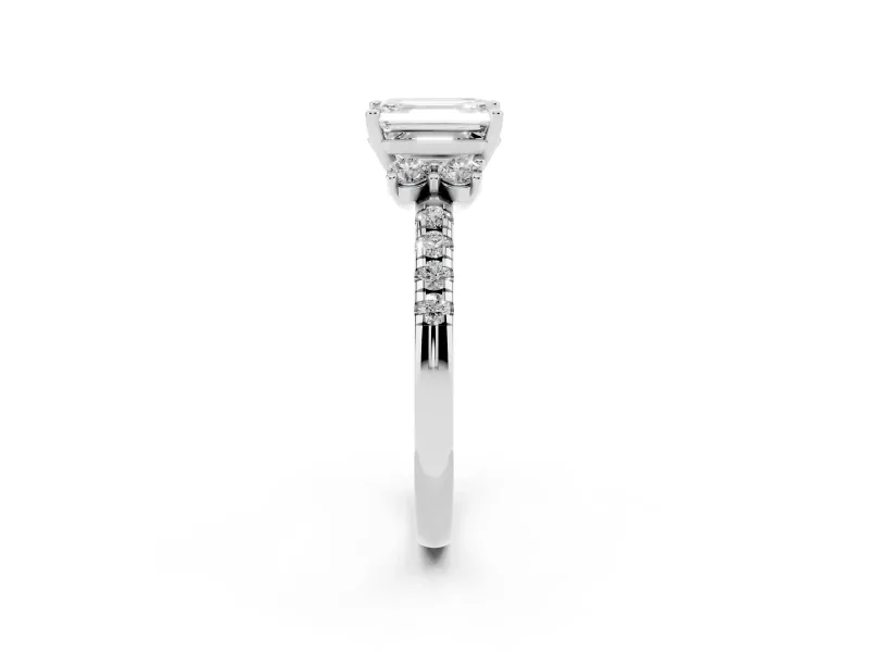 Emerald Cut Side Stone Pave Engagement Ring Setting | Paired Round Accents | White Gold