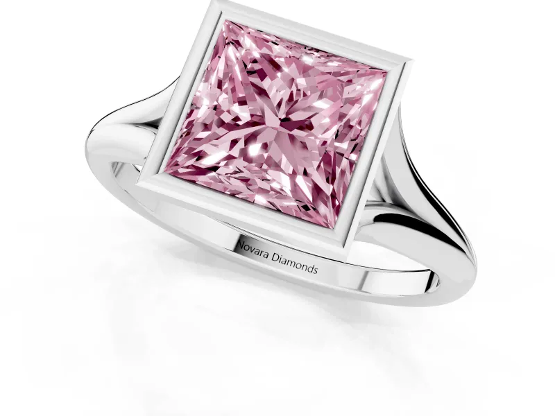 Fancy Pink Bezel Set Princess Cut Diamond Solitaire Ring Set in White gold with Tapered Band