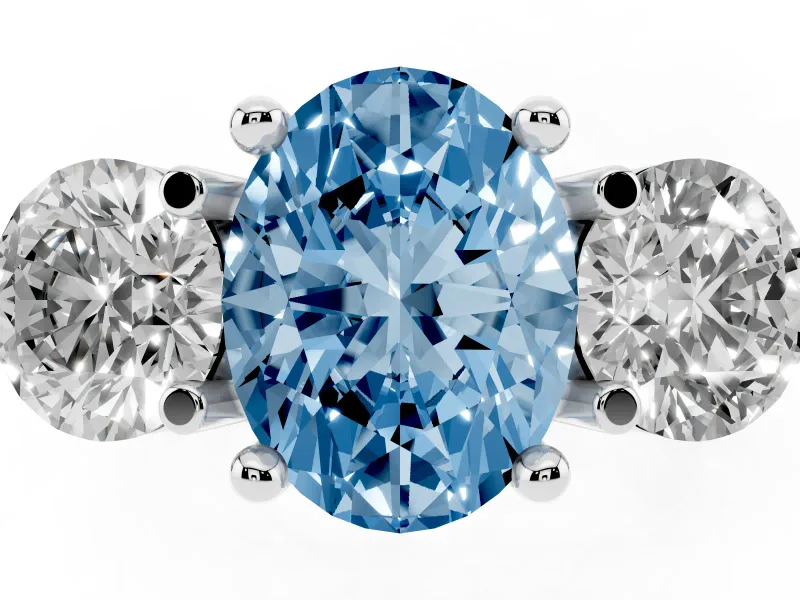 Oval Three Stone Engagement Ring Setting for a Fancy Blue Lab-Grown Diamond | Open Prong Baskets | White Gold