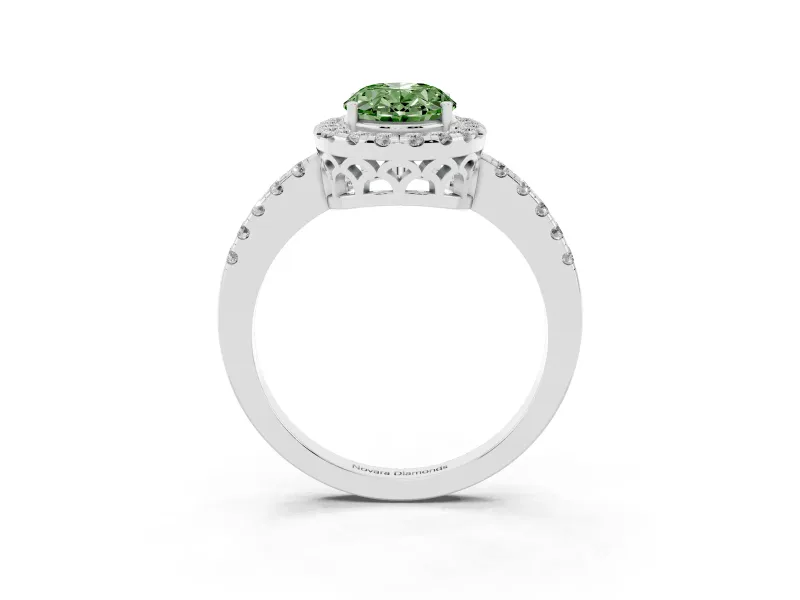 Fancy Green Oval Cut Diamond Pavé Band Halo Engagement Ring Set in Silver with Prong Setting