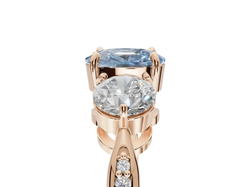 Cushion Cut Three Stone Engagement Ring Setting for a Fancy Blue Lab-Grown Diamond | Tapered Pave Band | Rose Gold