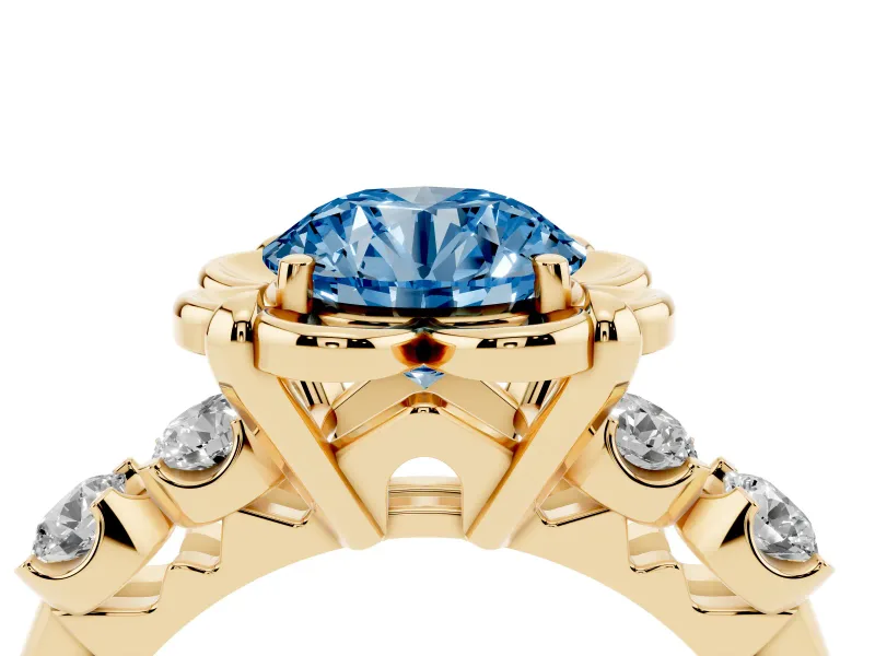Round Floral Engagement Ring Setting for a Fancy Blue Lab-Grown Diamond | Petal Frame | Yellow Gold
