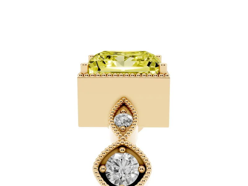 Fancy Yellow Princess Cut Diamond Vintage-Inspired Milgrain Ring Set in Yellow gold with Marquise Stations of Round Accents