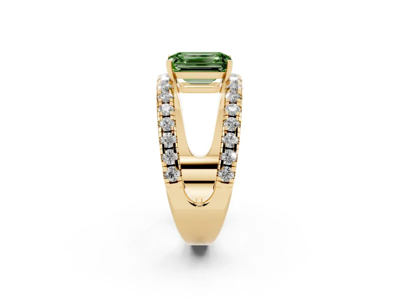Emerald Cut Split Shank Pavé Engagement Ring Setting for a Fancy Green Lab-Grown Diamond | Yellow Gold