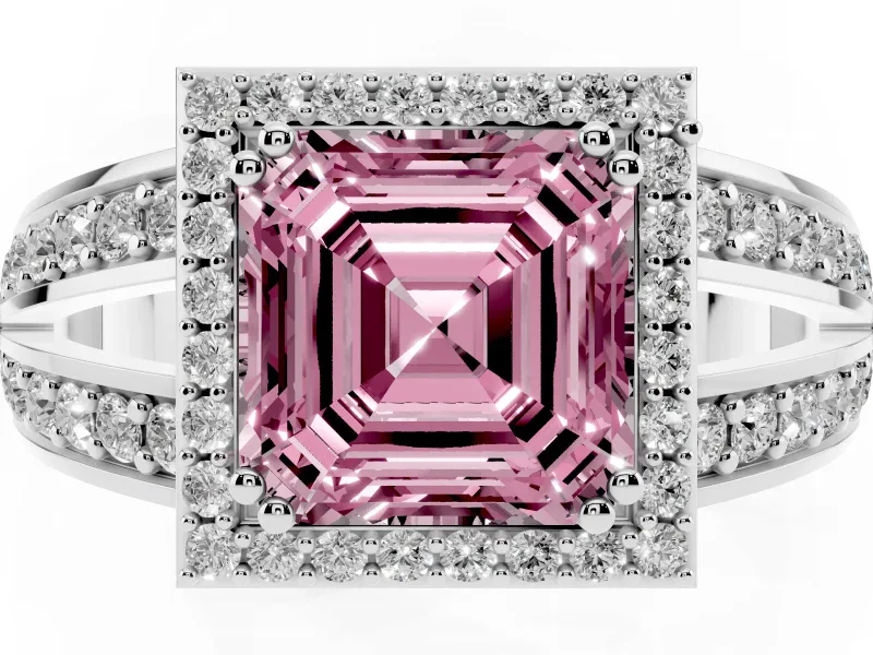 Asscher Cut Halo Engagement Ring Setting for a Fancy Pink Lab-Grown Diamond | Two-Row Pave Split Shank | Platinum