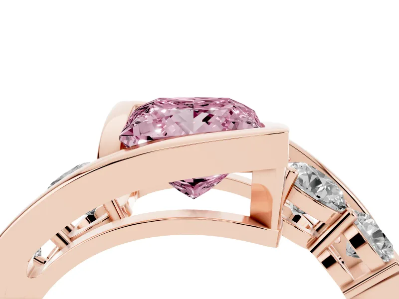 Fancy Pink Princess Cut Diamond Bezel Bypass Ring Set in Rose gold with Round Accents