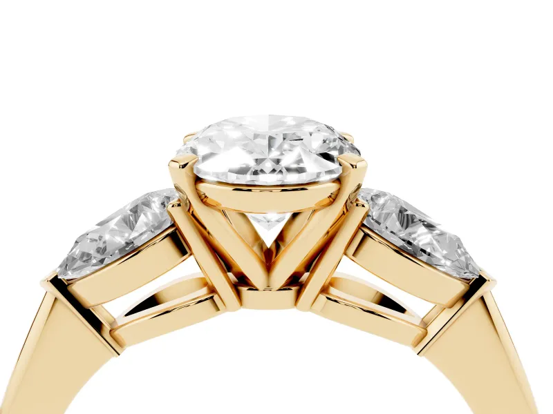 Oval Three-Stone Engagement Ring Setting | Pear Side Stones | Yellow Gold