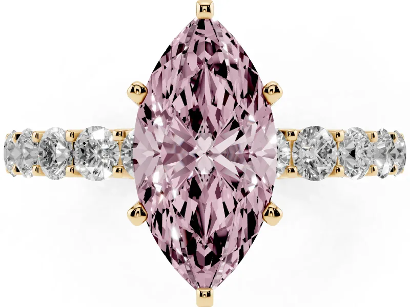 Fancy Pink Marquise Cut Diamond Solitaire Ring Set in Yellow gold with Shared Prong Pavé Band