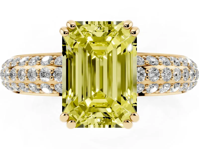 Emerald Cut Three Row Pave Engagement Ring Setting for a Fancy Yellow Lab-Grown Diamond | Double Claws | Yellow Gold
